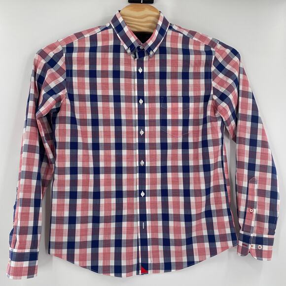 Untuckit Large Blue Red White Plaid Long Sleeve Button Up Cotton Redaelli Shirt - Picture 4 of 5